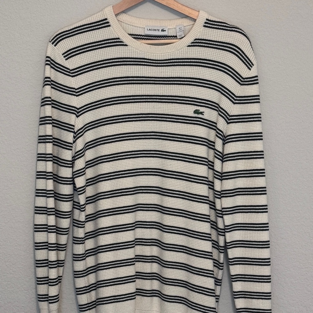 Lacoste Men's Crewneck Sweater - Black and Cream Stripes - Size L